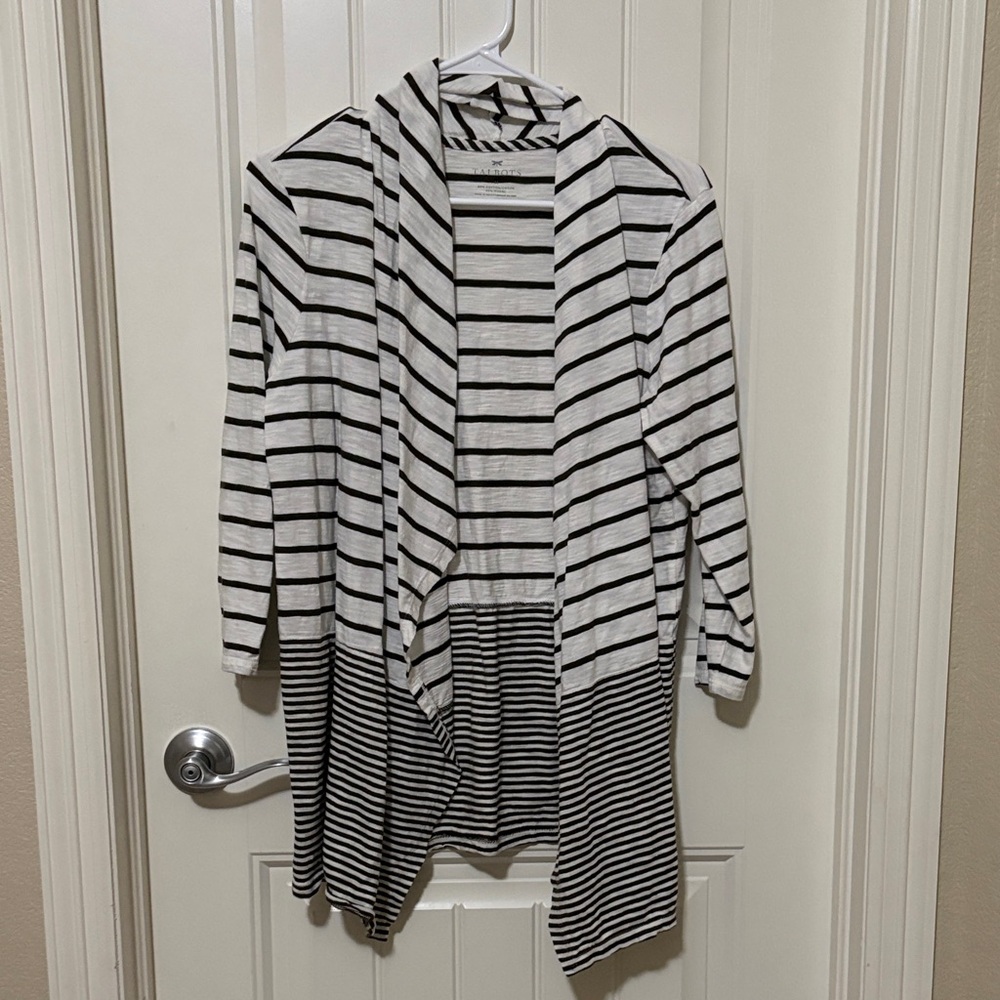 Talbots Striped Open Front Cardigan - Olive Green & White